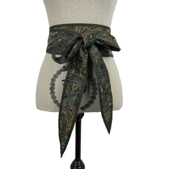 Chico's Accessories - Chico's Boho Paisley & Quilted Olive Green REVERSIBLE Obi Wrap Belt Size S NEW